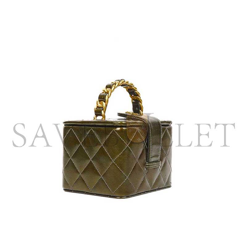 Ch**el mini cc vanity case olive green iridescent quilted patent leather a2227 (11*9.5*8.5cm)